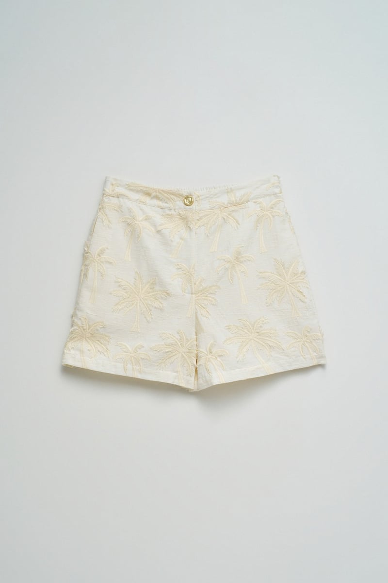 Ivory High-Waist Cotton Embroidered Shorts