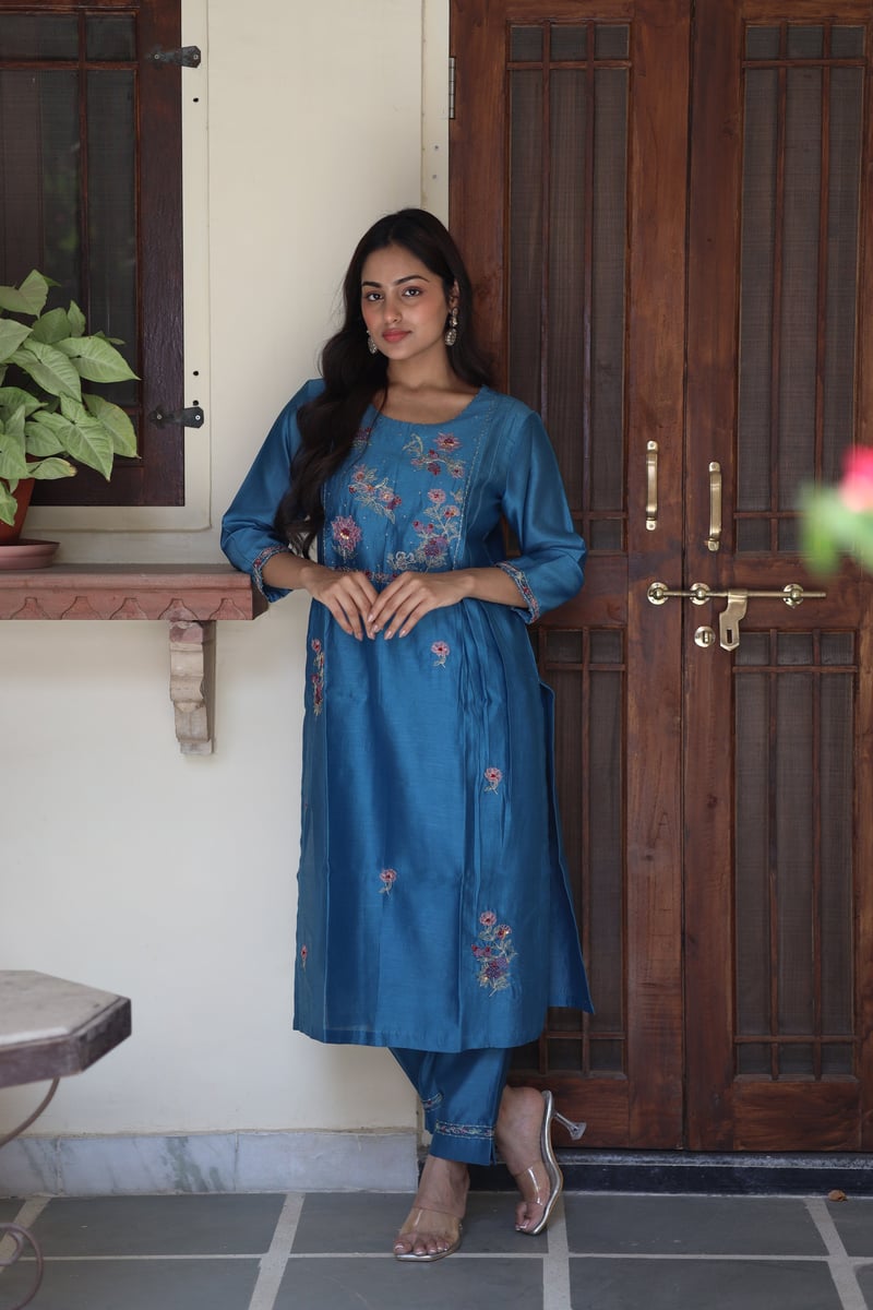 Prussian Blue Chanderi Embroidered Kurta Set with Dupatta