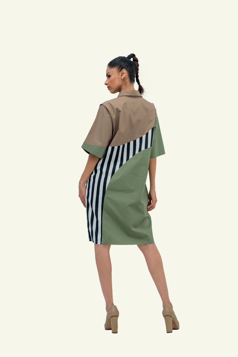 Olive Combo Cotton Dress with Embroidery