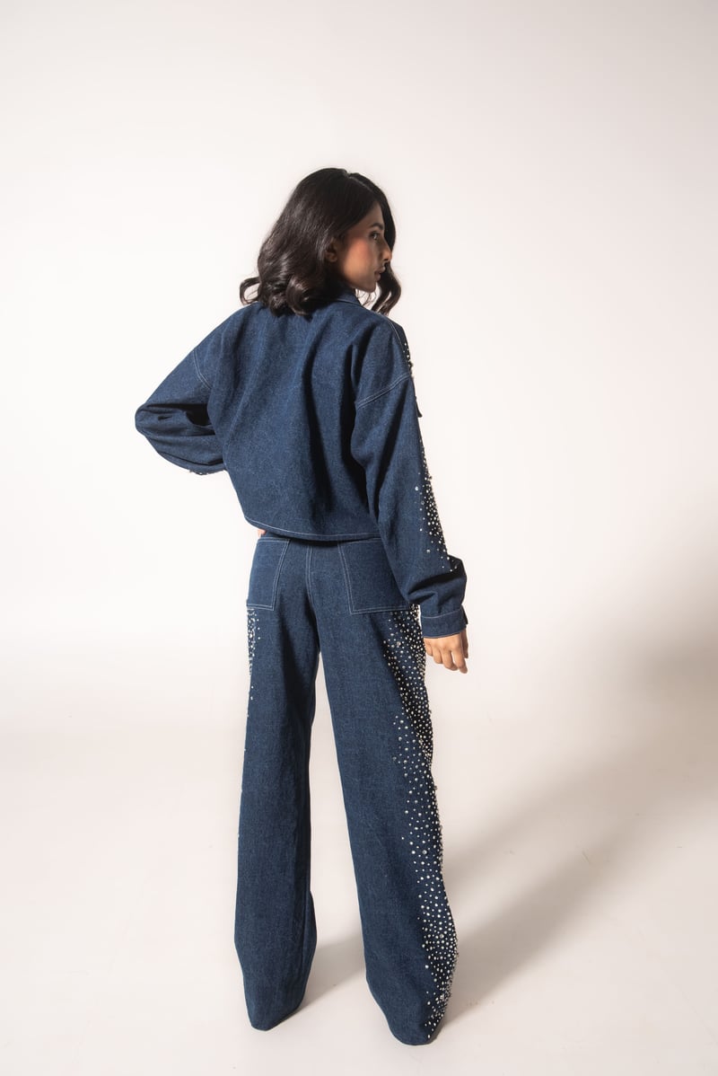 Navy Rhinestone Embellished High-Rise Baggy Jeans
