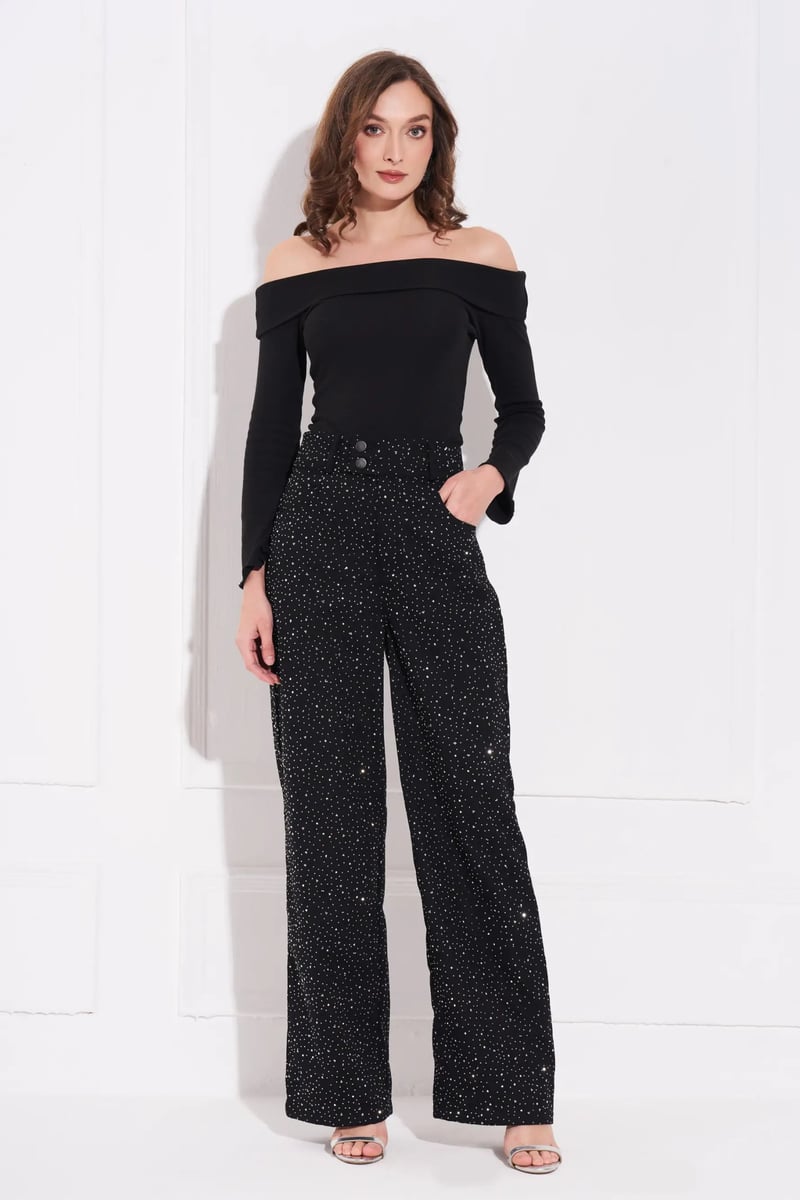 Black Crystal-Embellished Wide-Leg Denim Trousers — Torqadorn