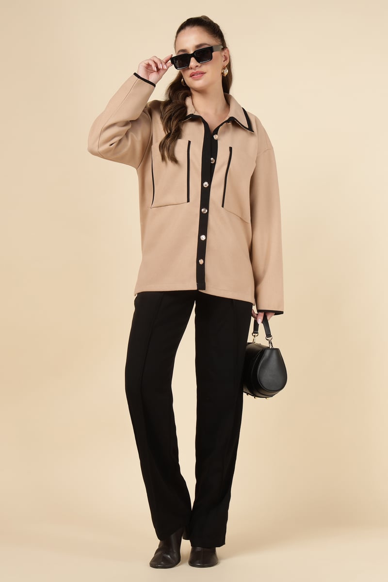 Camel Colorblock Button-Front Shirt with Contrast Trim — AYRISS
