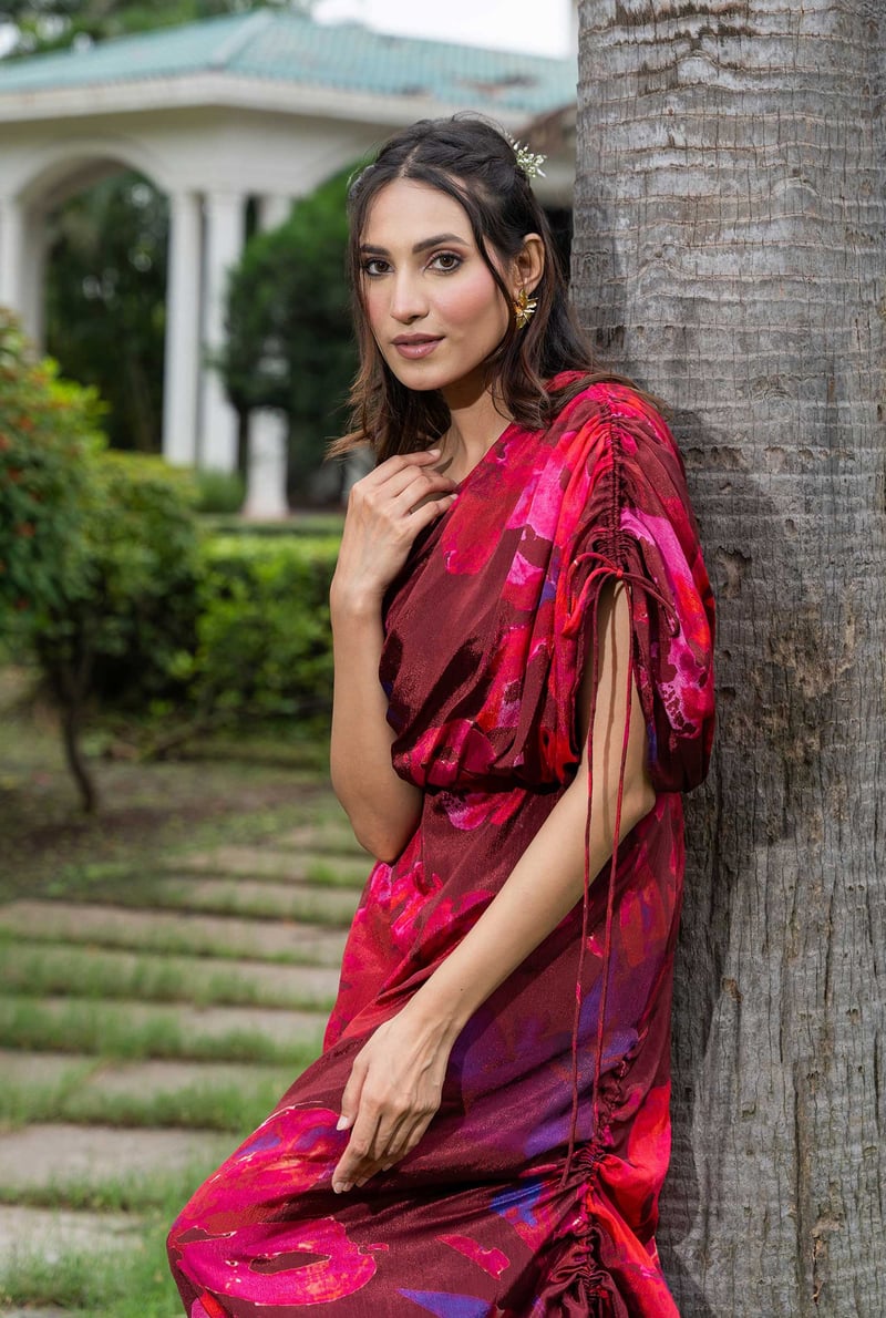 Wine One-Shoulder Floral Ruched Chinon Maxi Dress