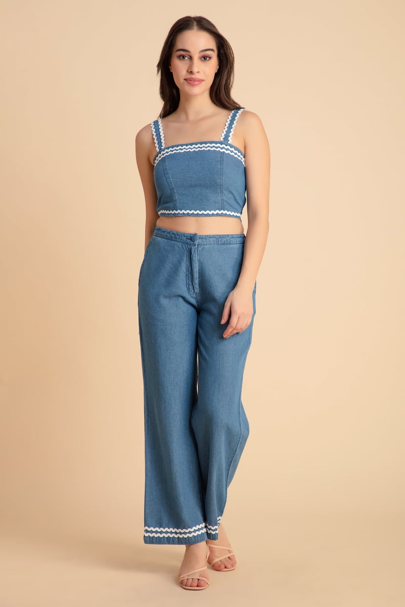 Blue Denim 3-Piece Co-ord Set with Bustier and Jacket