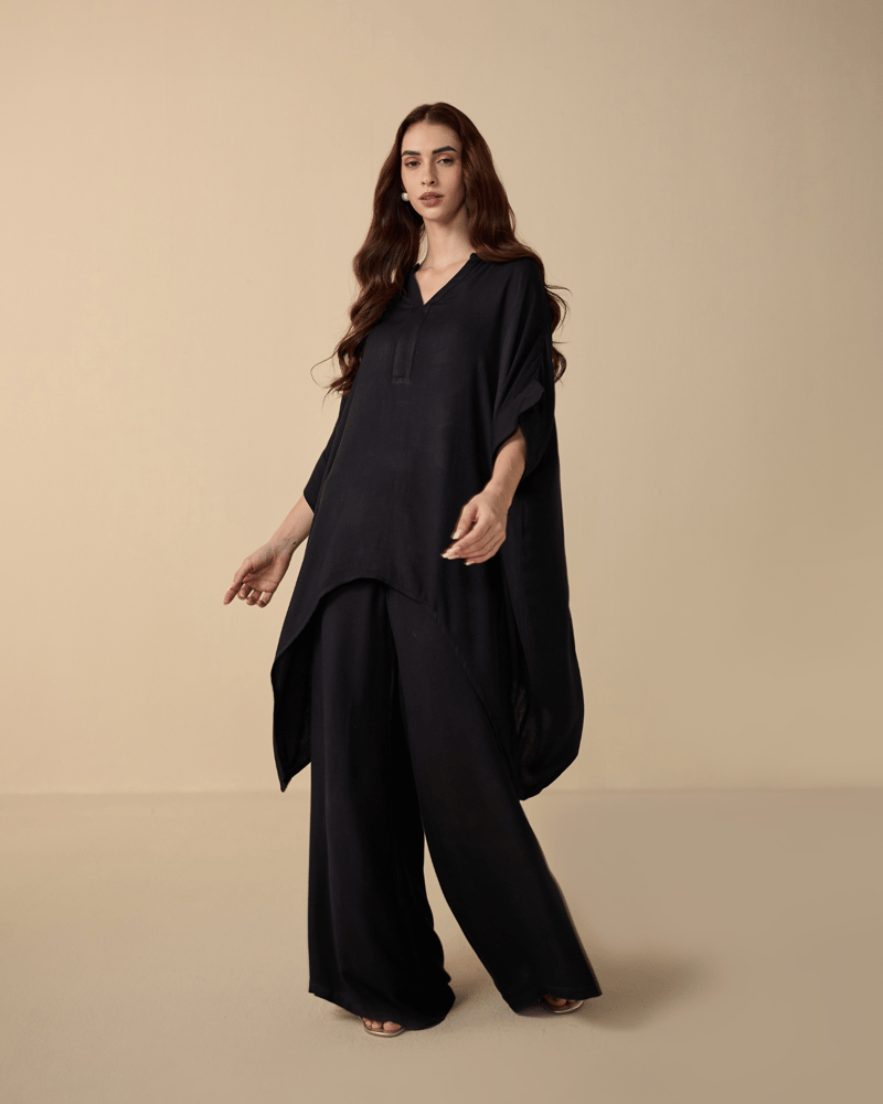Black Kaftan Top and Wide-Leg Pants Co-ord Set