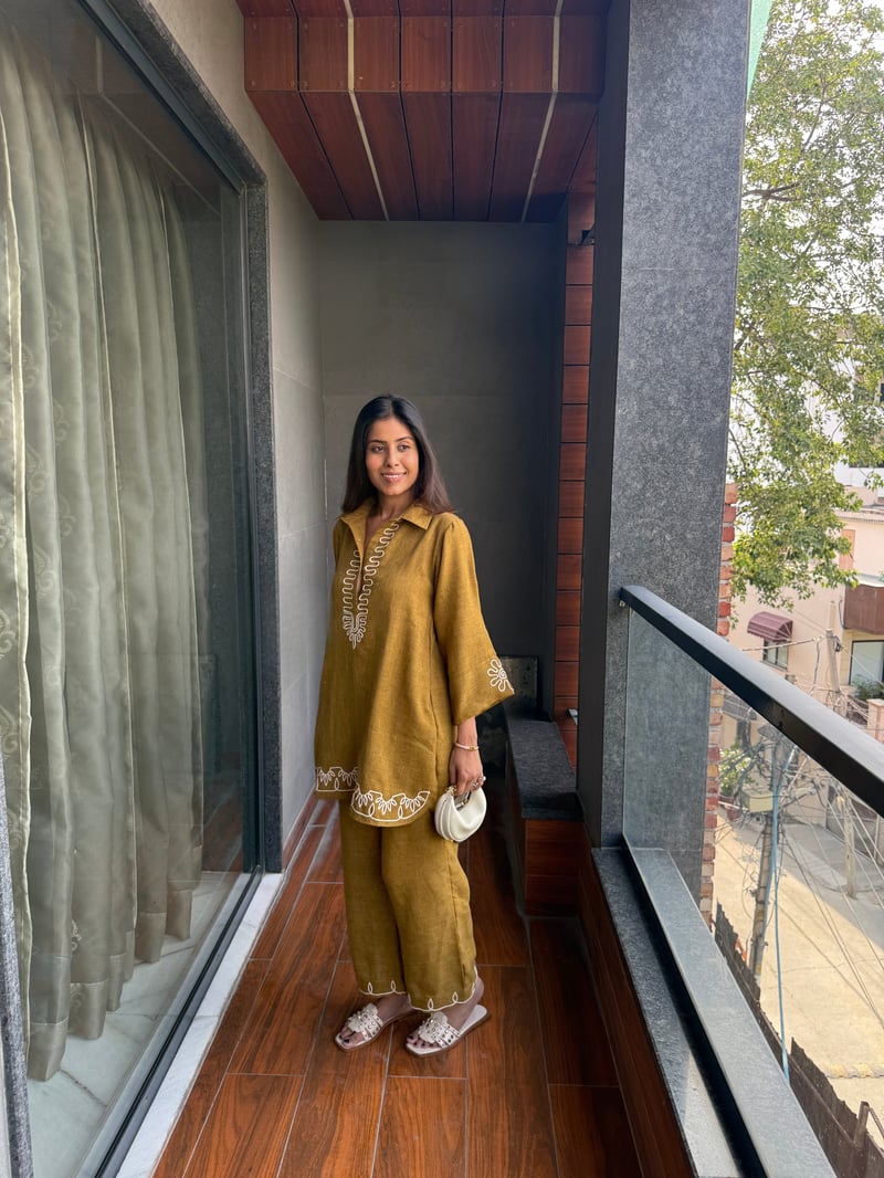 Golden Mustard Cotton Linen Co-ord Set with Dori Embroidery
