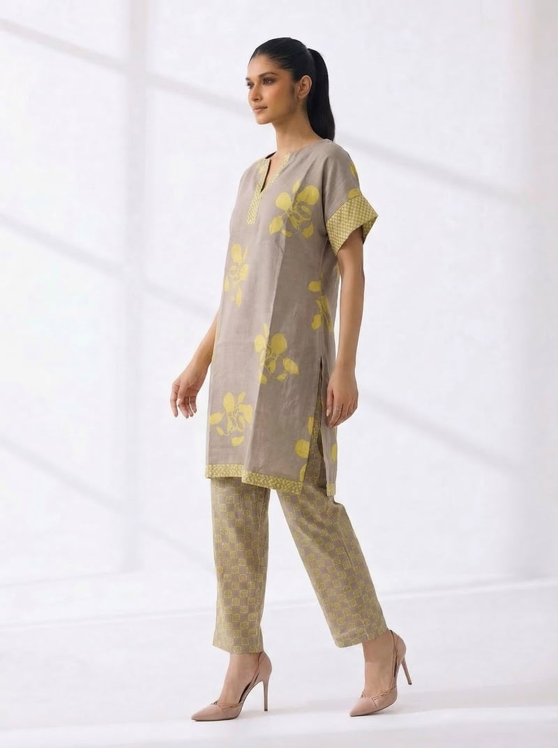 Taupe Floral Printed Linen Kurta and Pant Set