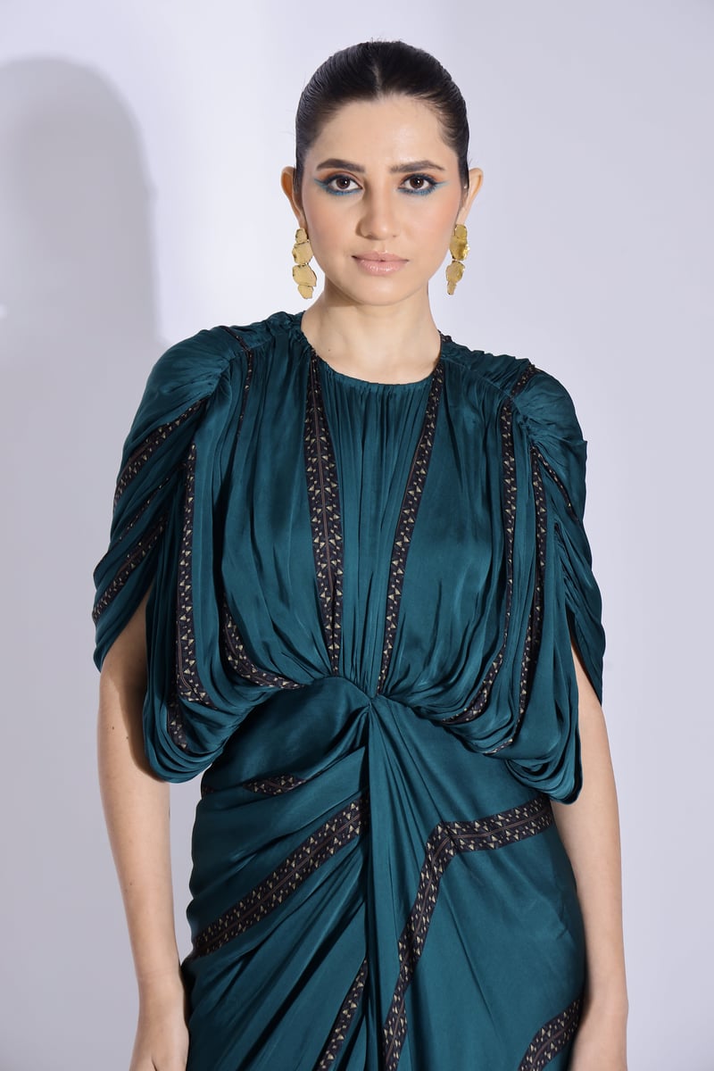 Teal Draped Kaftan Gown with Front Slit