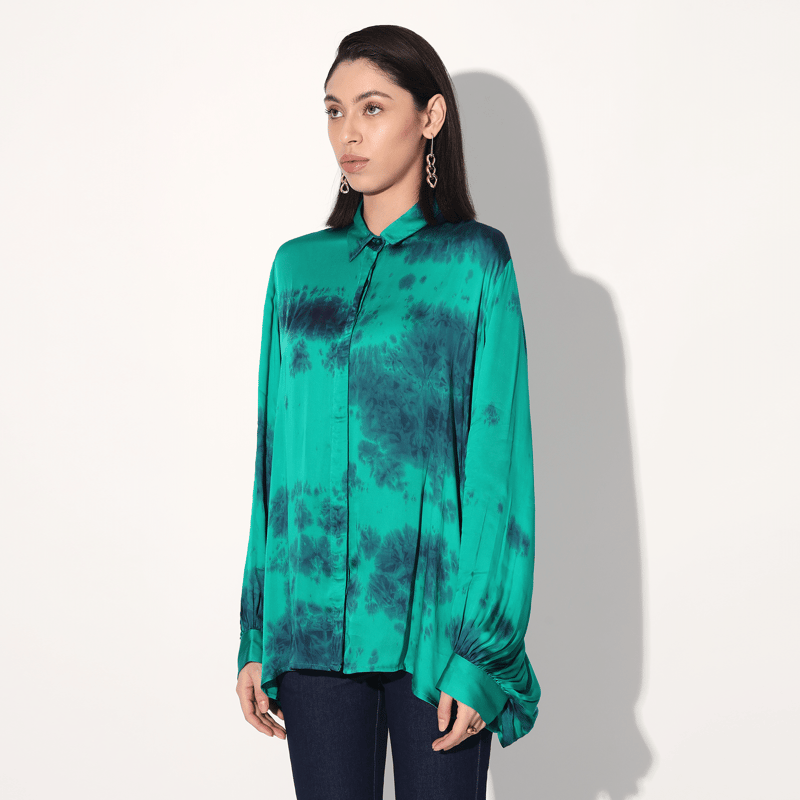Green Tie-Dye Satin Balloon Sleeve Longline Shirt