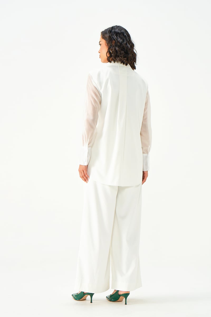Ivory Longline Pant Suit Set with Sheer Sleeves