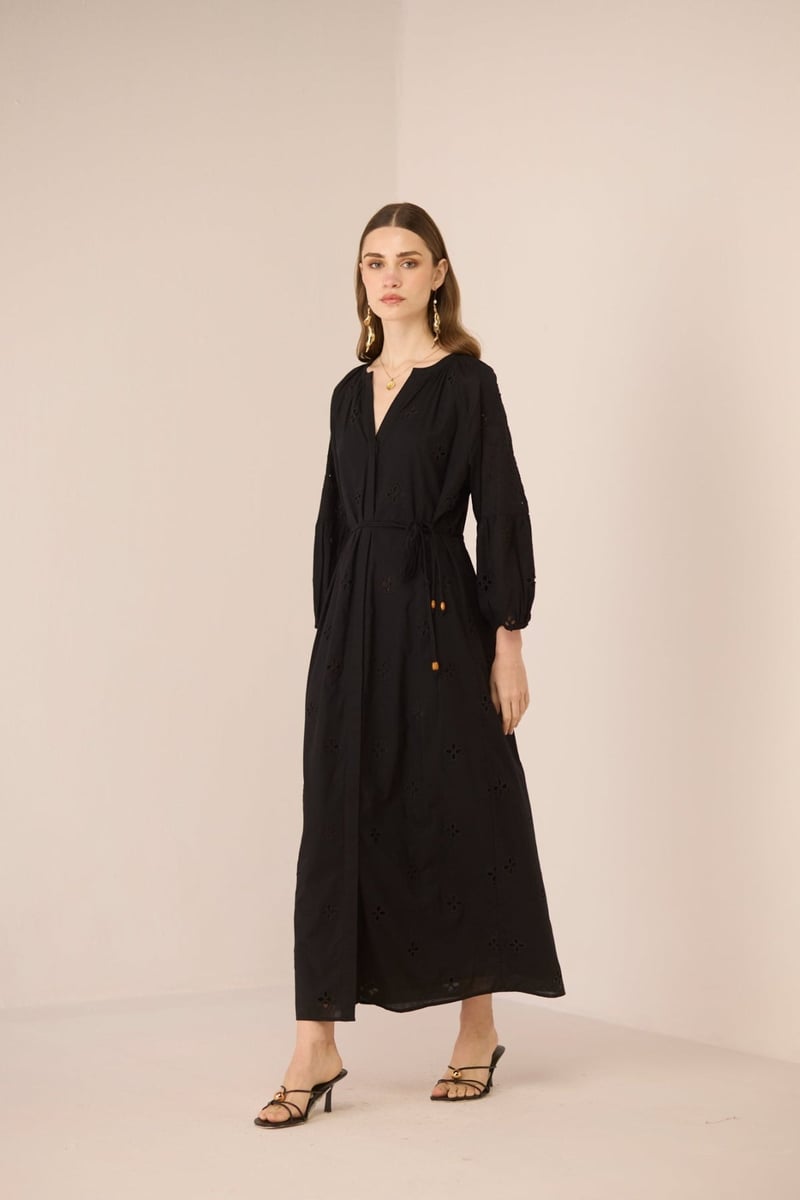 Black Cotton Broderie Maxi Dress with V-Neck and Waist Tie — Calling June
