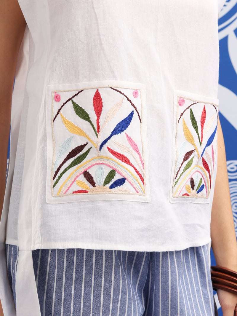 White Embroidered Pocket Top and Striped Pants Co-ord Set