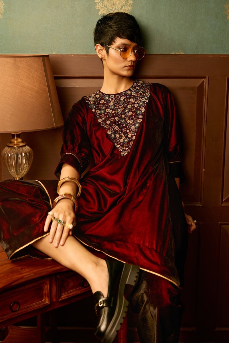 Maroon Velvet A-Line Kurta and Palazzo Set
