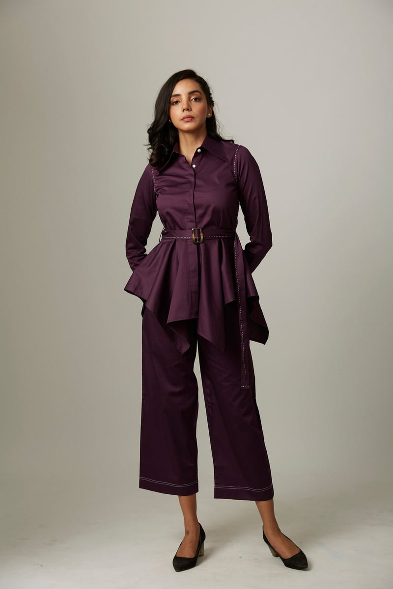 Purple Cotton Satin Shirt and Wide-Leg Pants Co-ord Set