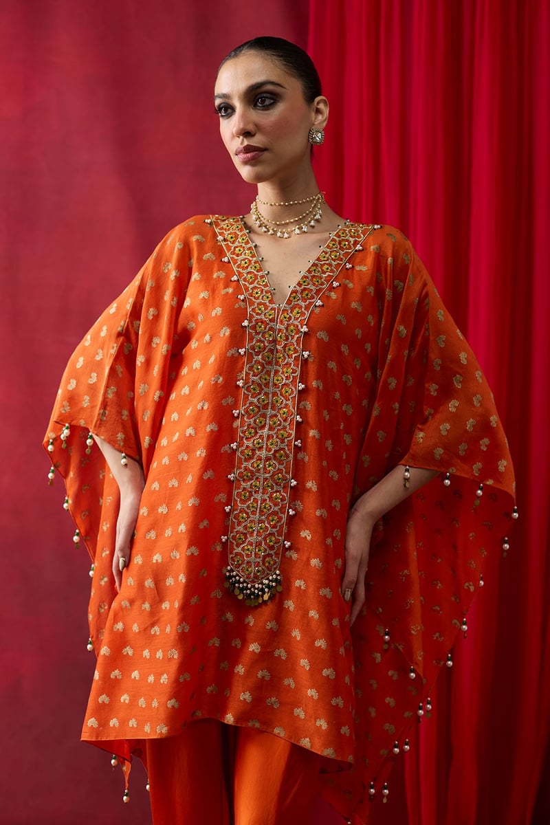 Orange Block Print Kaftan Top and Cowl Pants Co-ord Set