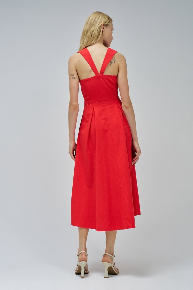 Red Fit and Flare Midi Dress with Button Front