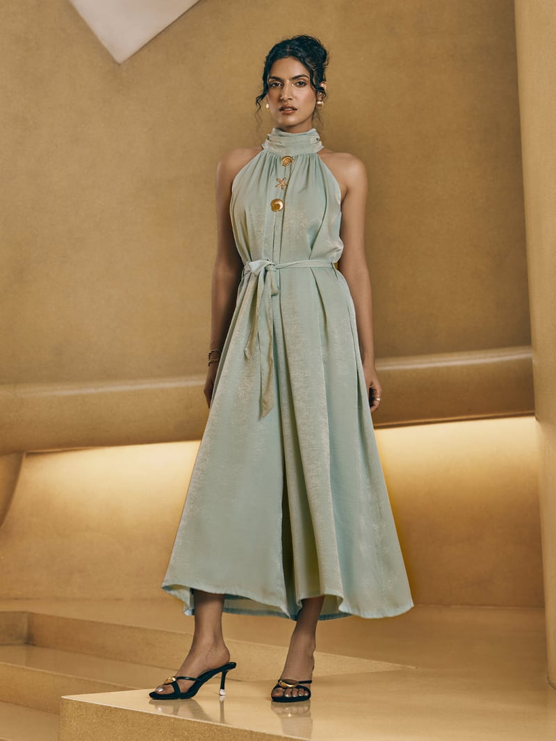 Sea Green Satin Halter Neck Belted Wide-Leg Jumpsuit — HOUSE OF FETT