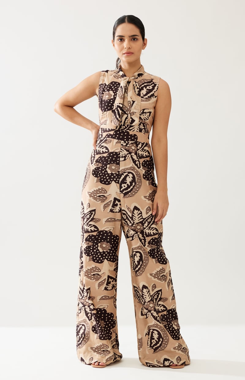 Cream And Dark Brown Floral Bow Tie Jumpsuit — KoAi