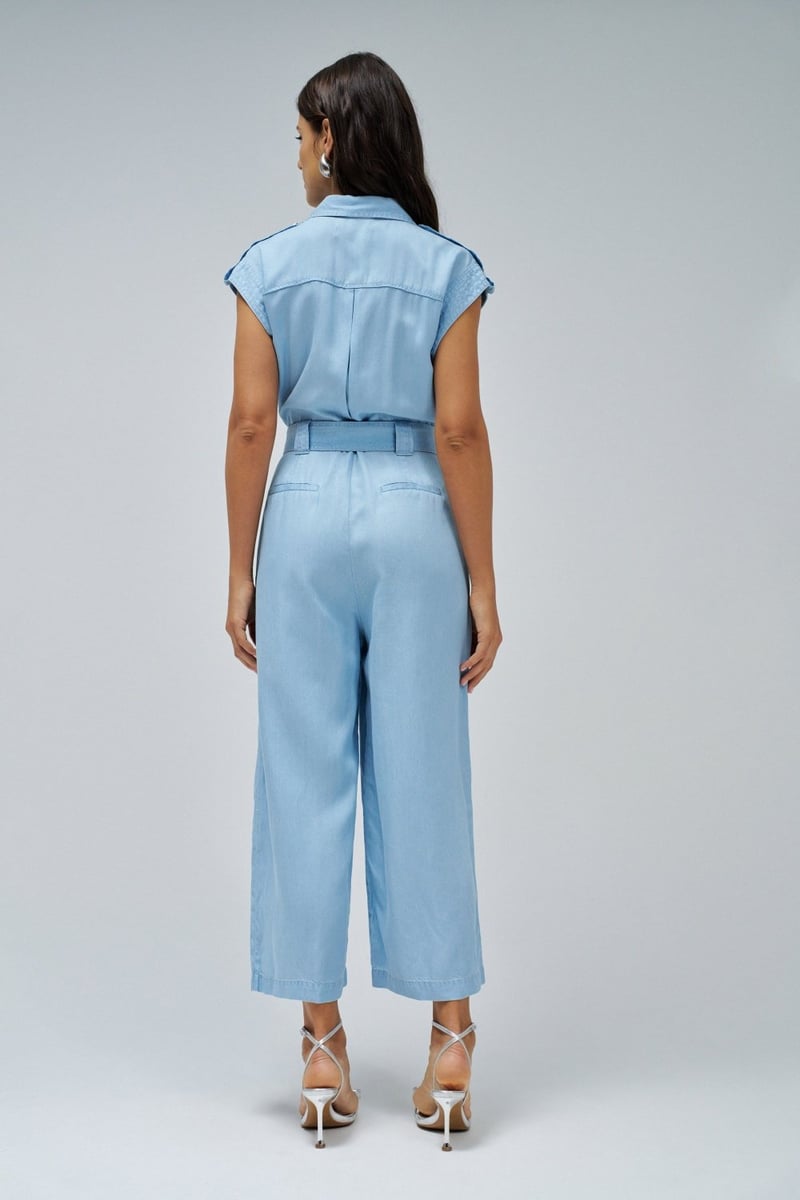Light Blue Belted Lightdenim Utility Jumpsuit