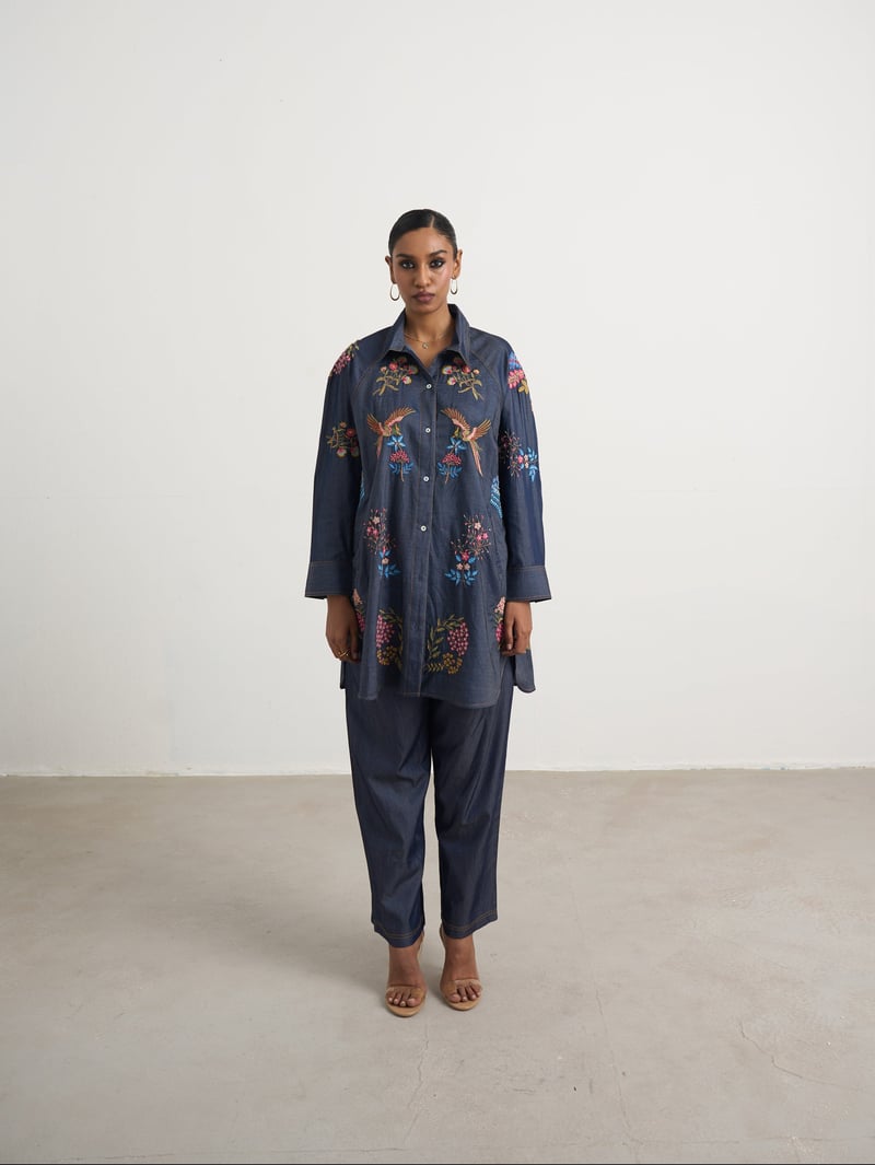 Blue Denim Embroidered Shirt and Wide-Leg Pants Co-ord Set
