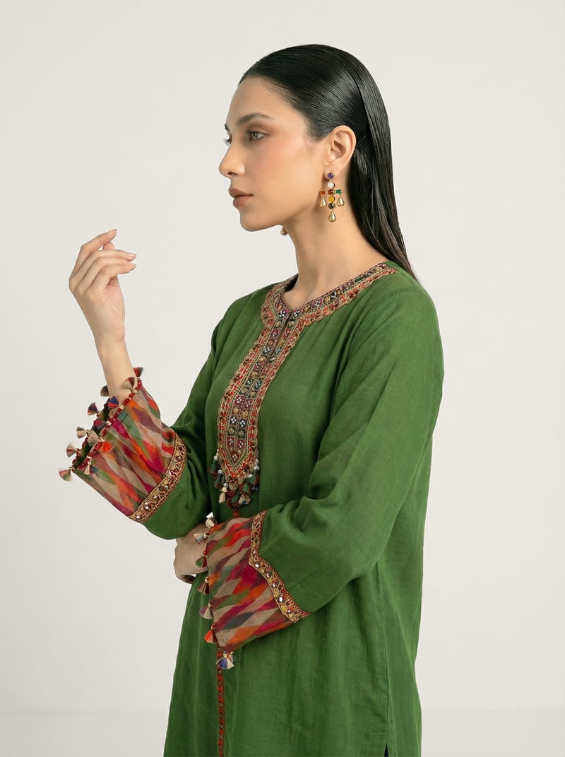 Green Muslin Silk Kurta and Wide-Leg Pants Co-ord Set