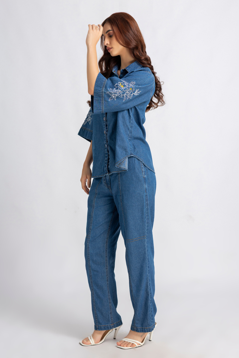 Blue Denim Embroidered Shirt and Pants Co-ord Set