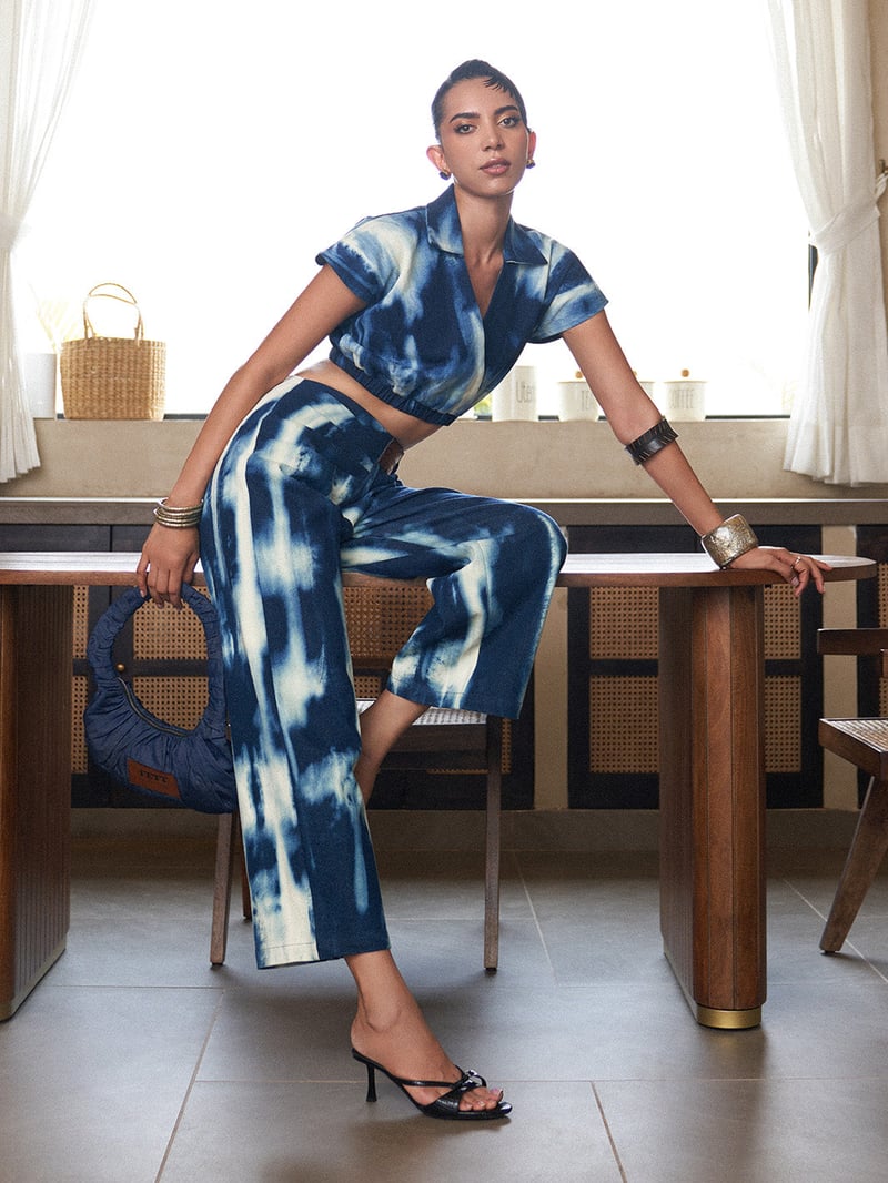 Indigo Tie-Dye Denim Co-ord Set with Crop Top and Pants