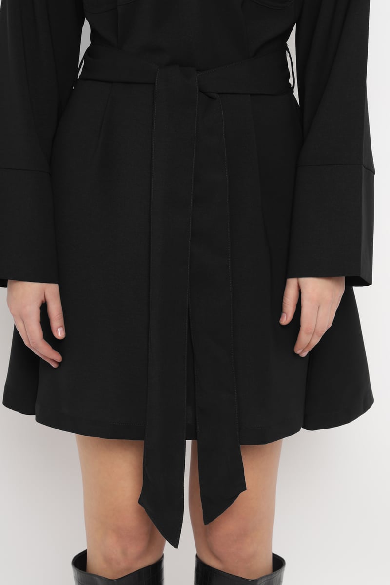 Black Belted Chemisier Mini Dress with Full Sleeves