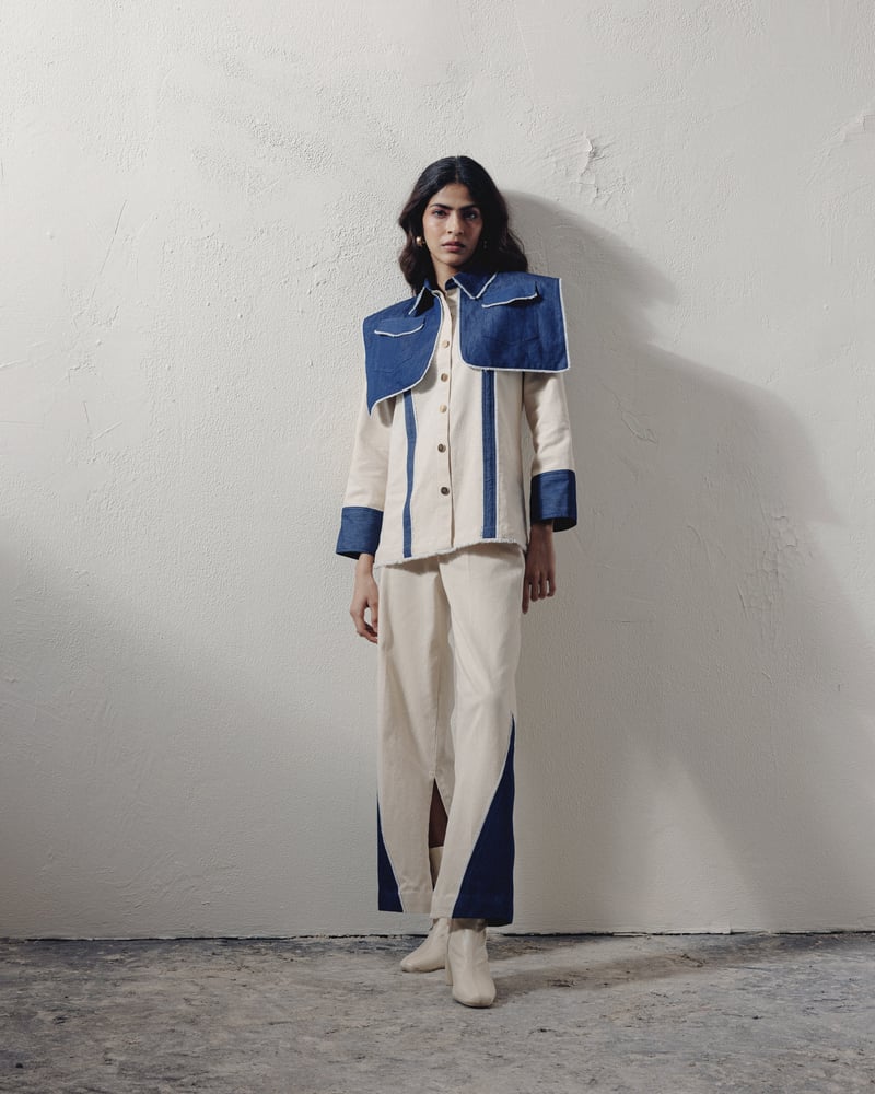 Blue and White Colorblocked Denim Shirt with Shoulder Flap — Veera Wear