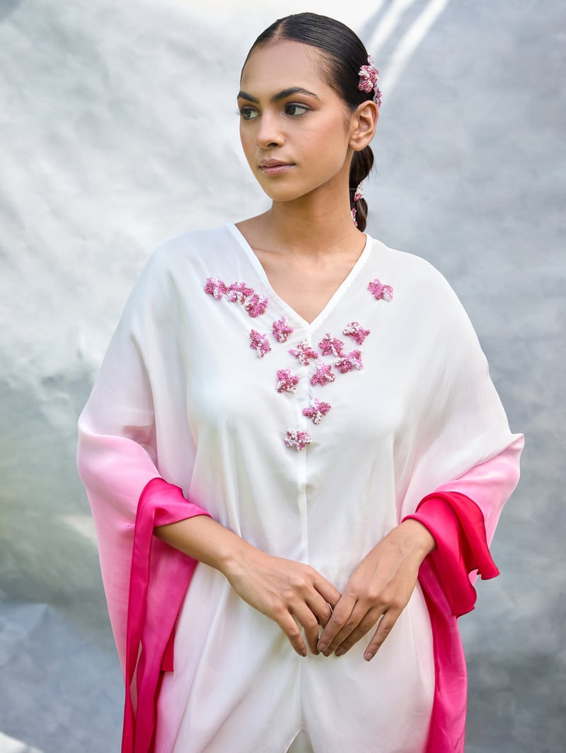 White/Pink Ombre Draped Cape Top with 3D Floral Neck
