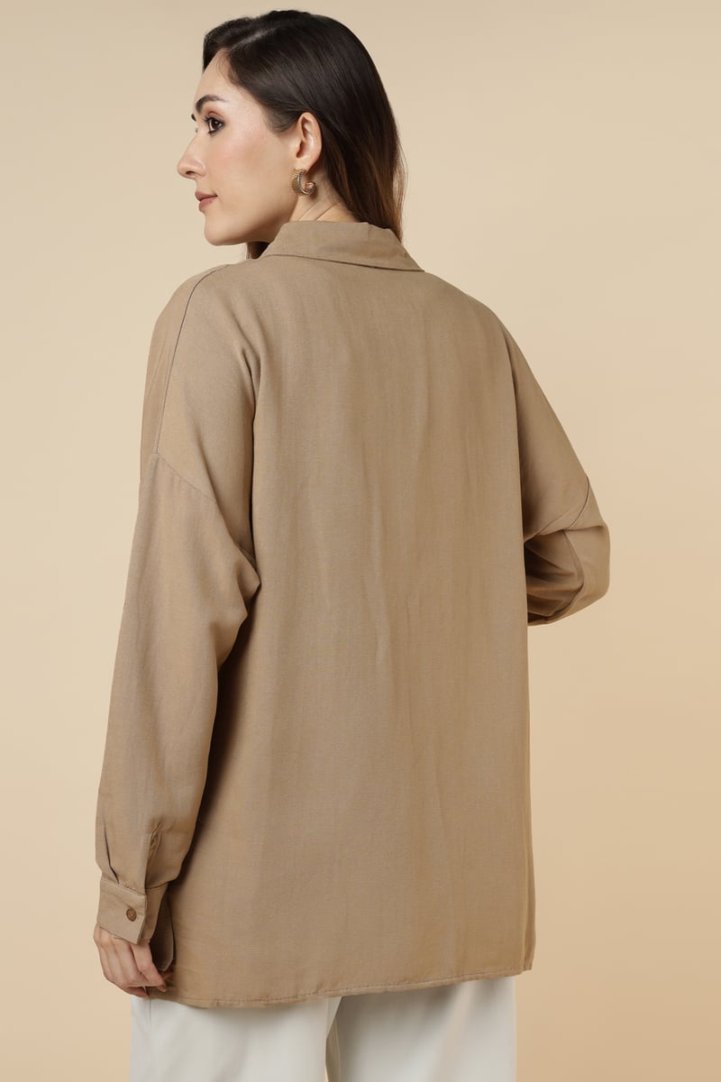 Brown Longline Embroidered Button-Down Shirt