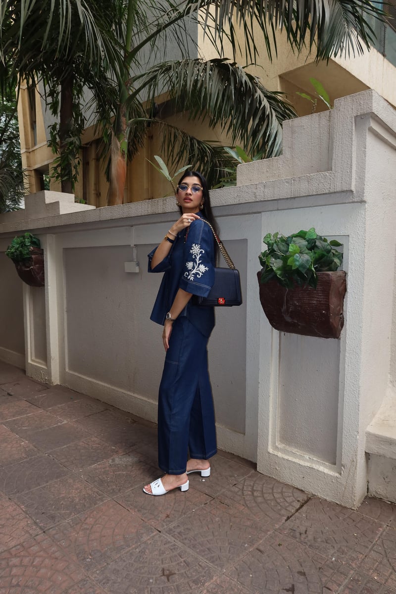 Denim Blue Embroidered Shirt and Wide-Leg Co-ord Set