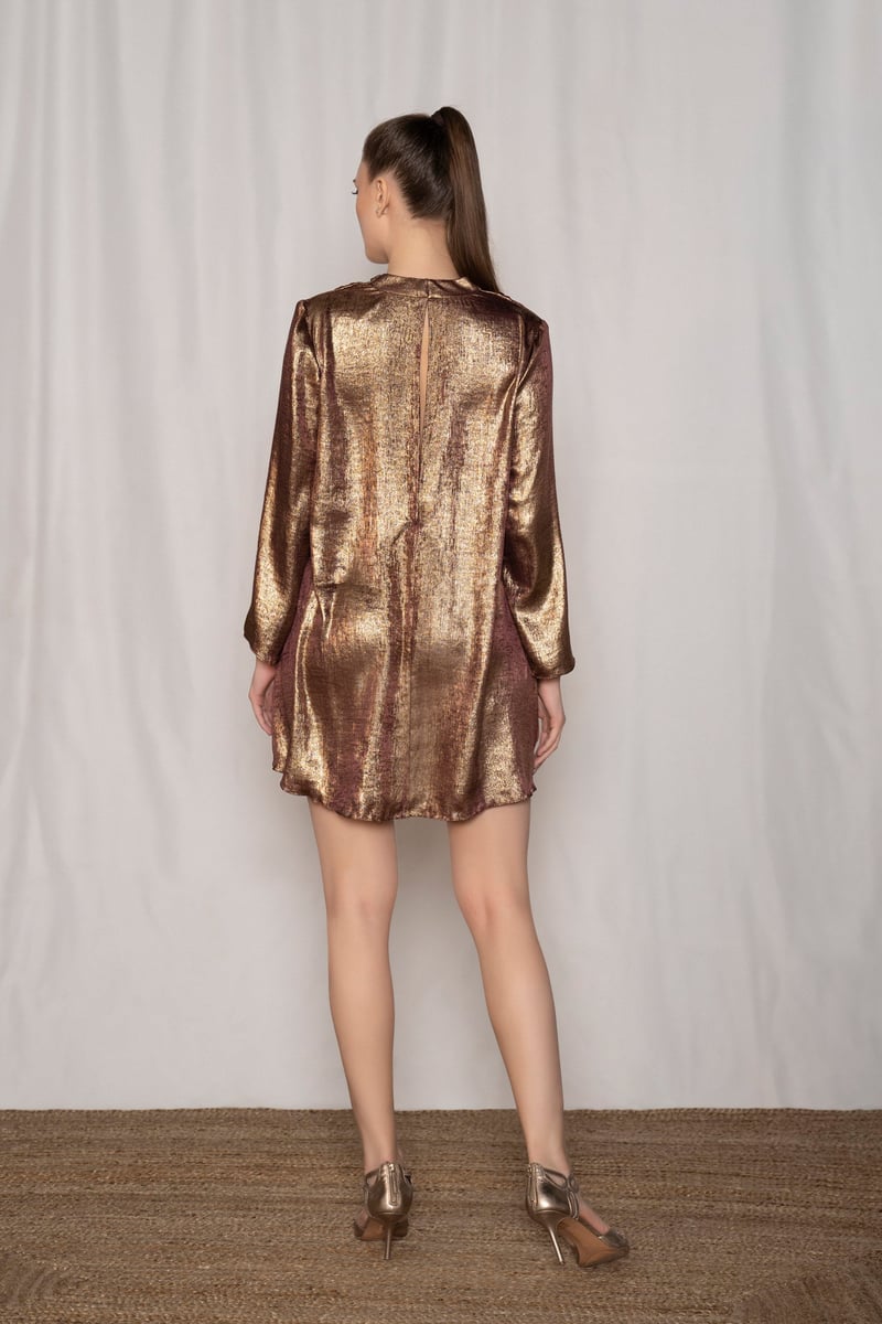 Gold Burgundy Metallic Cowl Neck Mini Dress