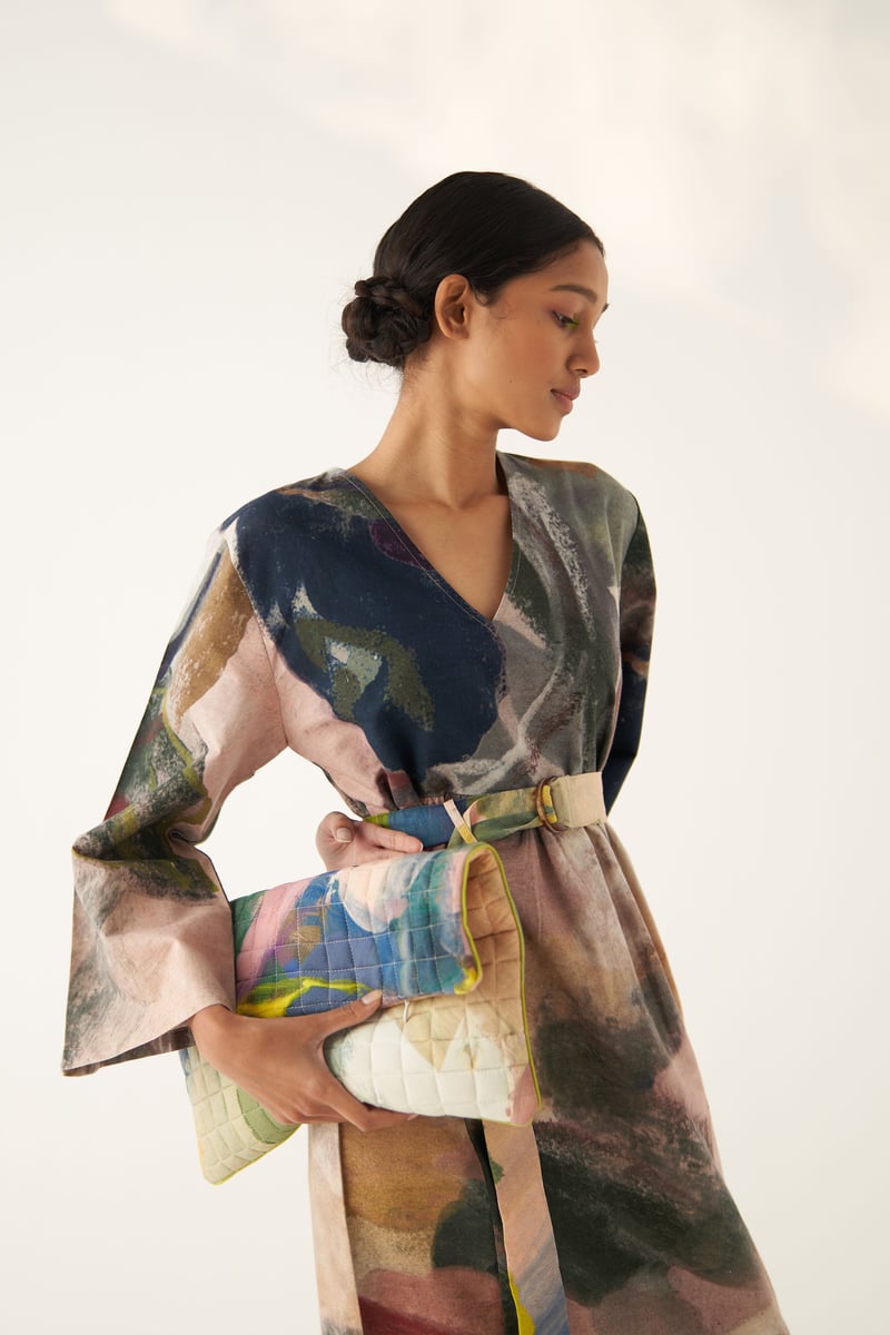 Multicolor Abstract Print Cotton Poplin Midi Dress