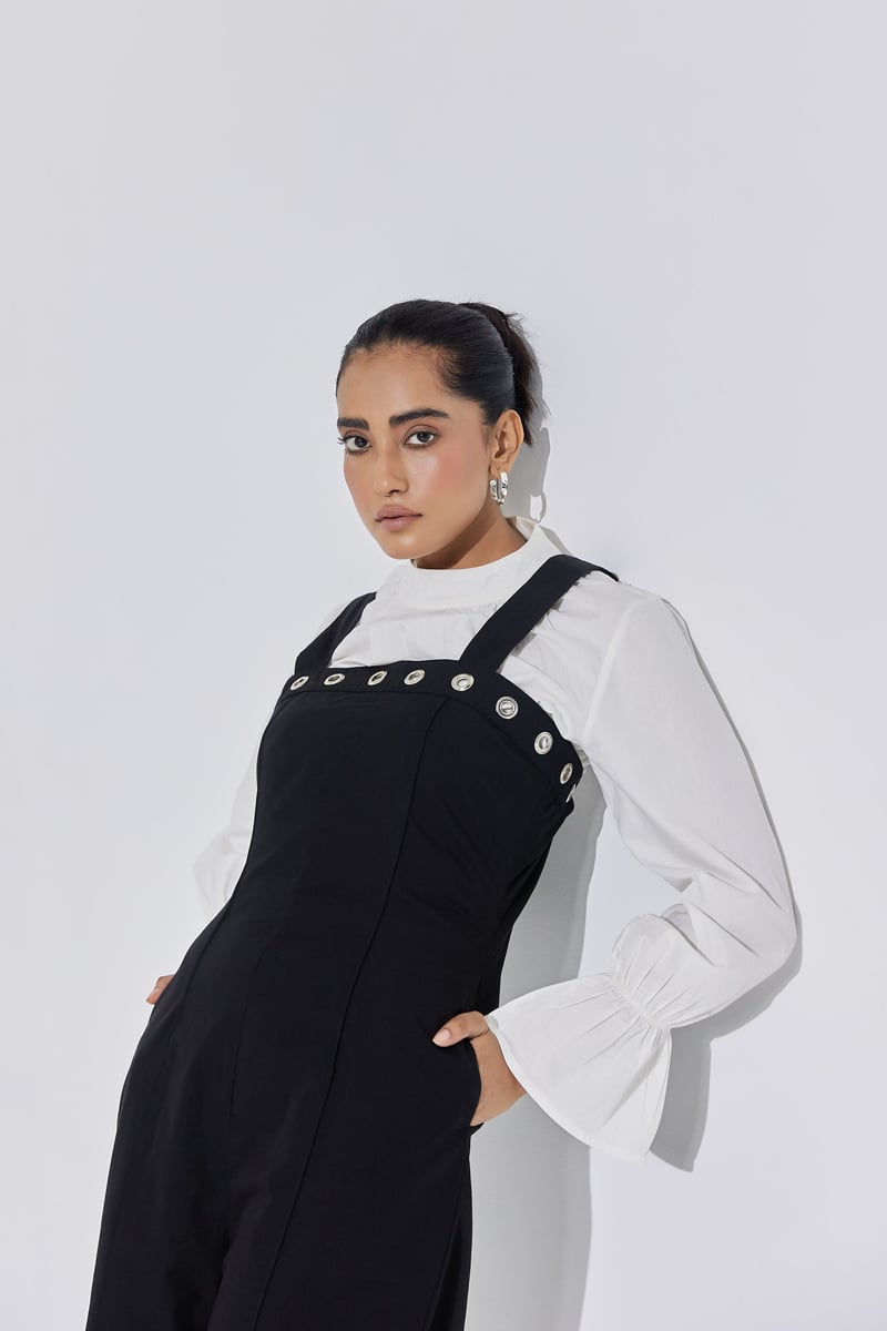 Black Poplin Dungaree-Style Straight-Leg Jumpsuit