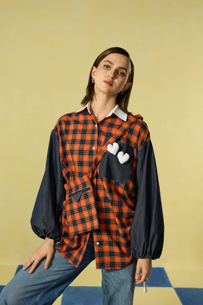 Red and Navy Checked Oversized Shirt with Side Drawstrings