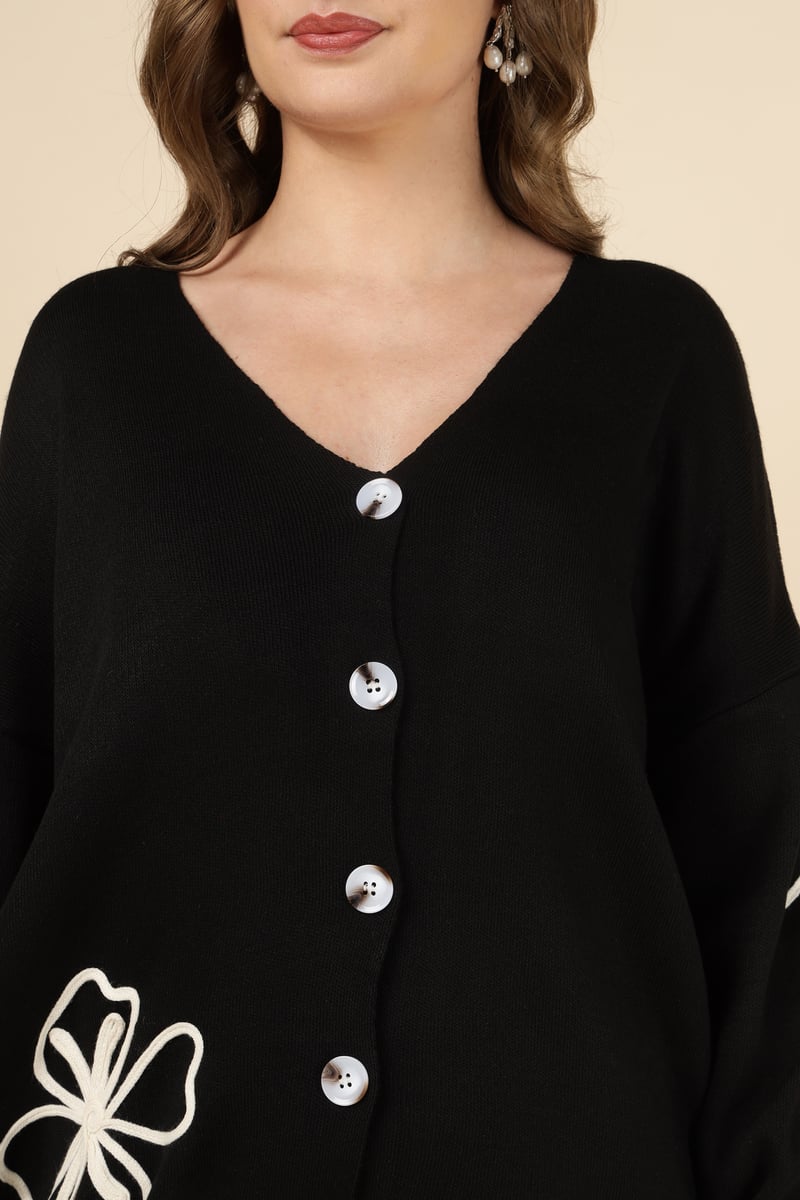 Black Knit Button-Front Top and Wide-Leg Pants Co-ord Set