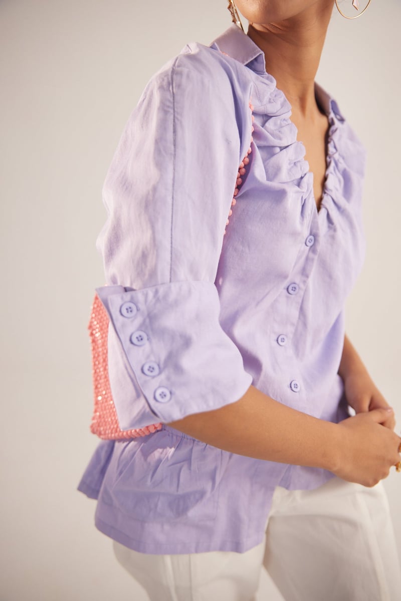 Lavender Cotton Satin Ruched V-Neck High-Low Shirt