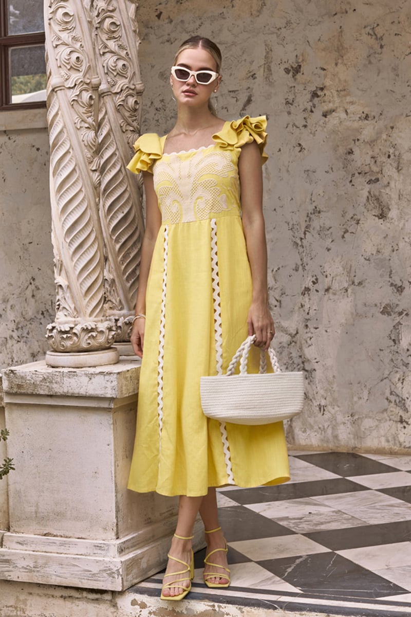 Sunkissed Yellow Linen Embroidered A-Line Midi Dress