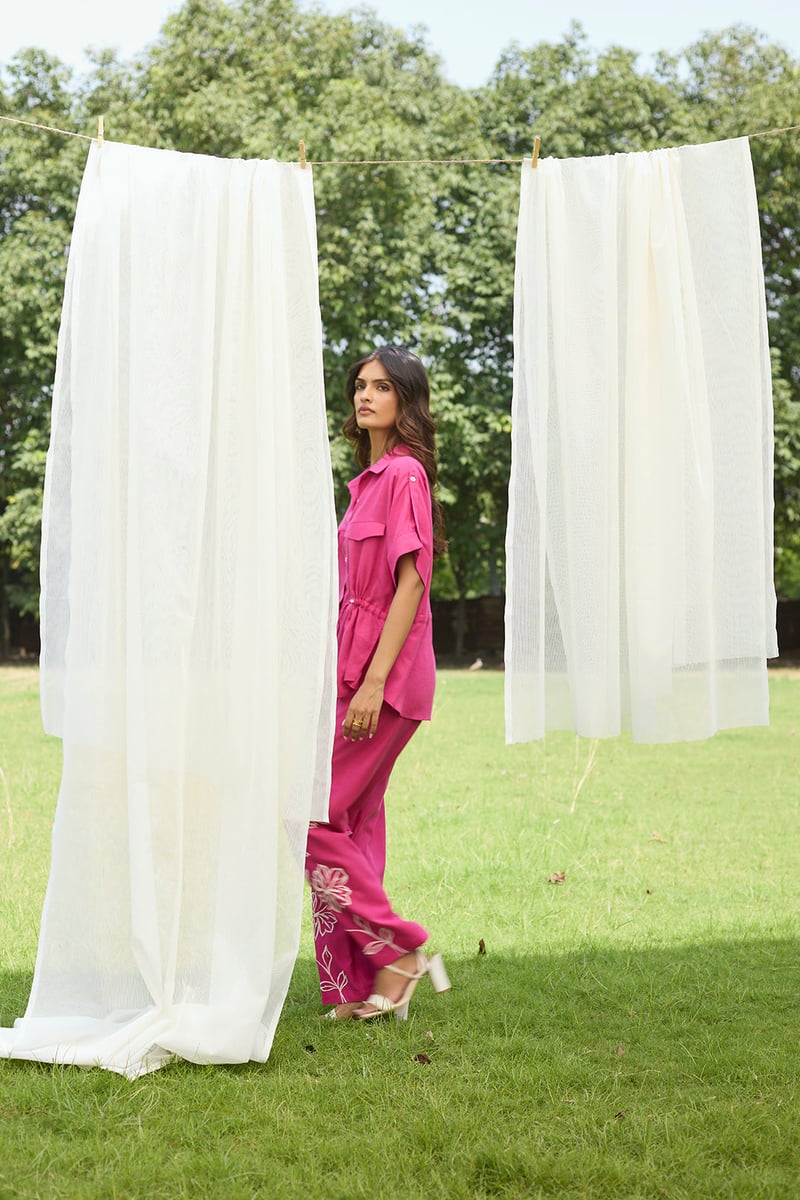 Hot Pink Linen Cotton Shirt and Embroidered Pants Co-ord Set