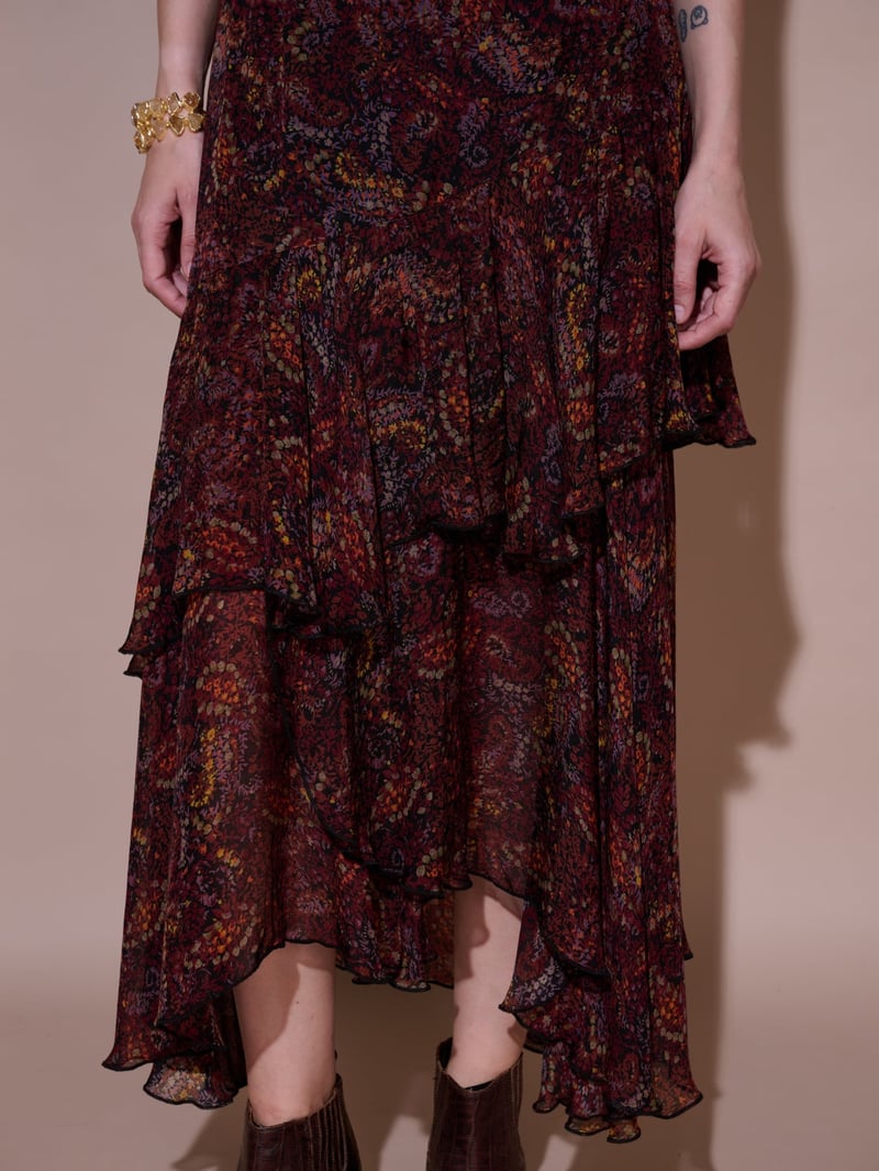 Wine Paisley Tiered Ruffle Midi Skirt