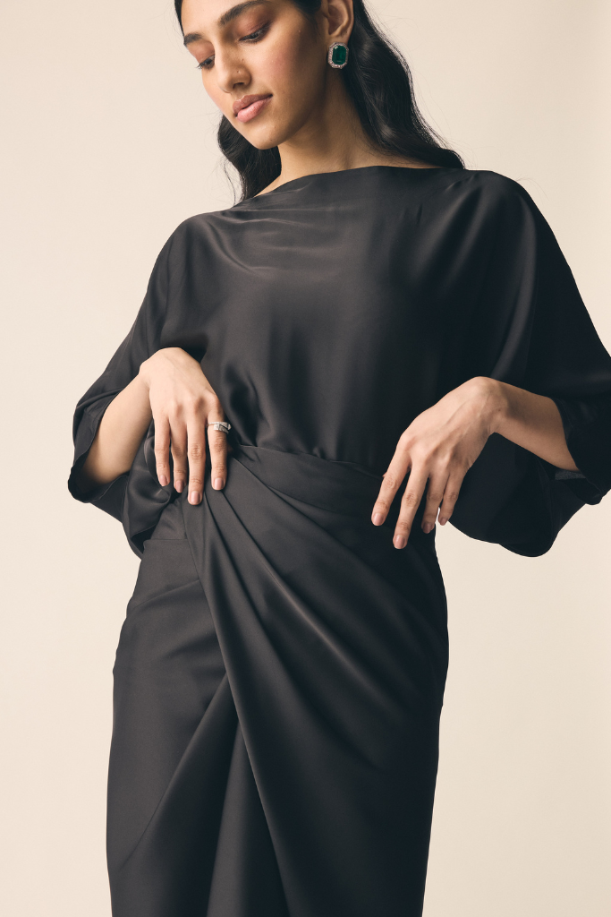 Black Satin Oversized Top and Wrap Maxi Skirt Co-ord Set