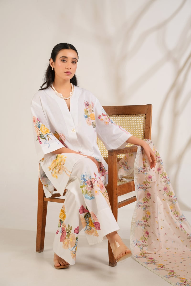 White Floral Printed Kurta Shirt and Trouser Set