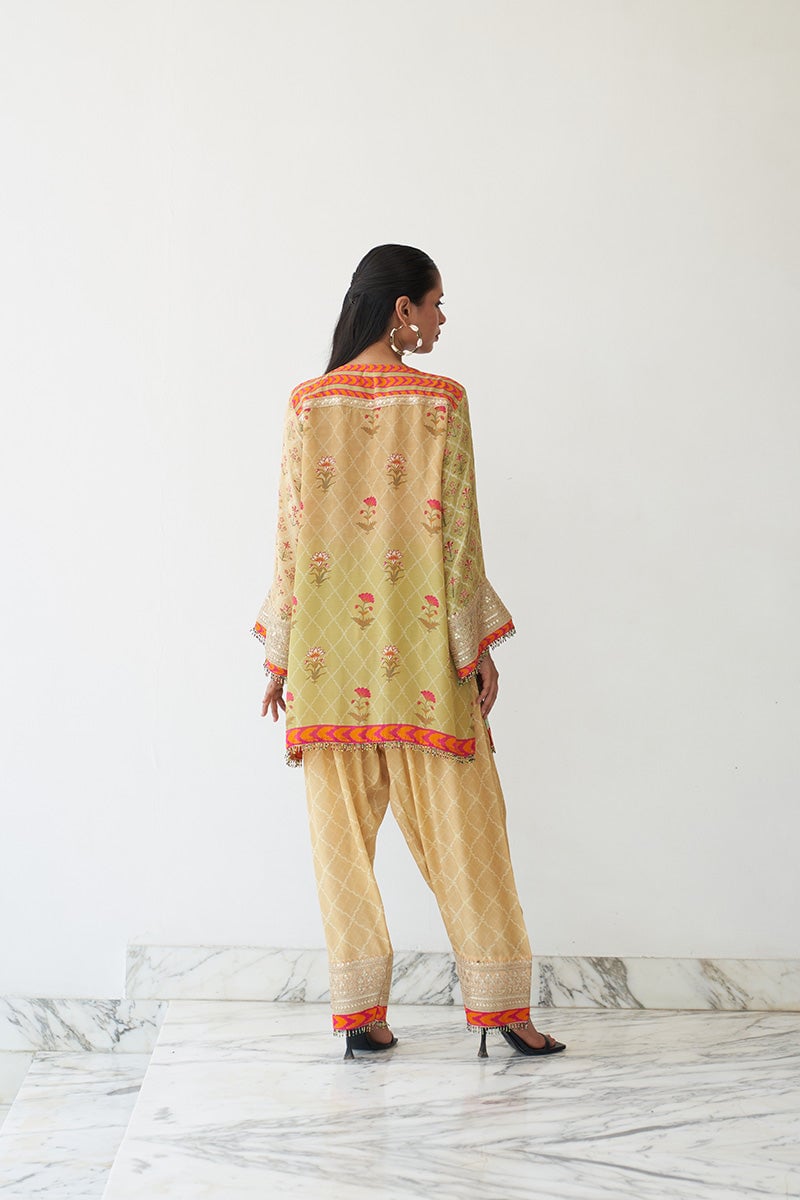 Mustard Yellow Printed Kurta Set with Mirror Work