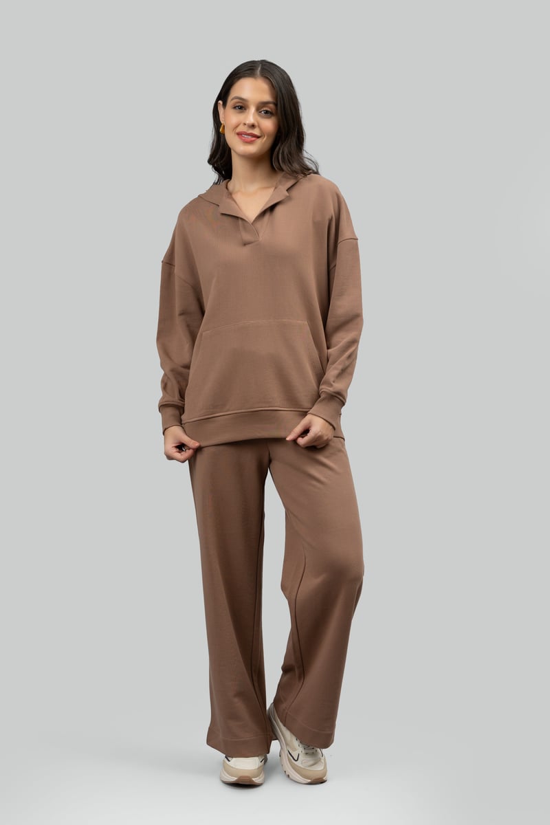 Mocha Brown Wide-Leg Cotton Terry Lounge Trackpants
