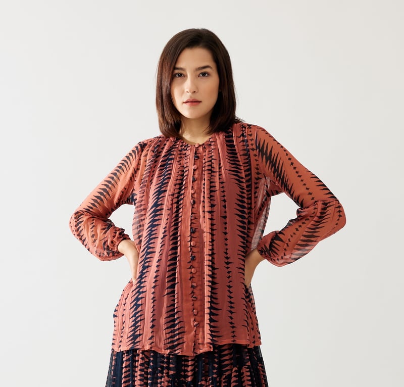 Pink And Dark Blue Pleated Top