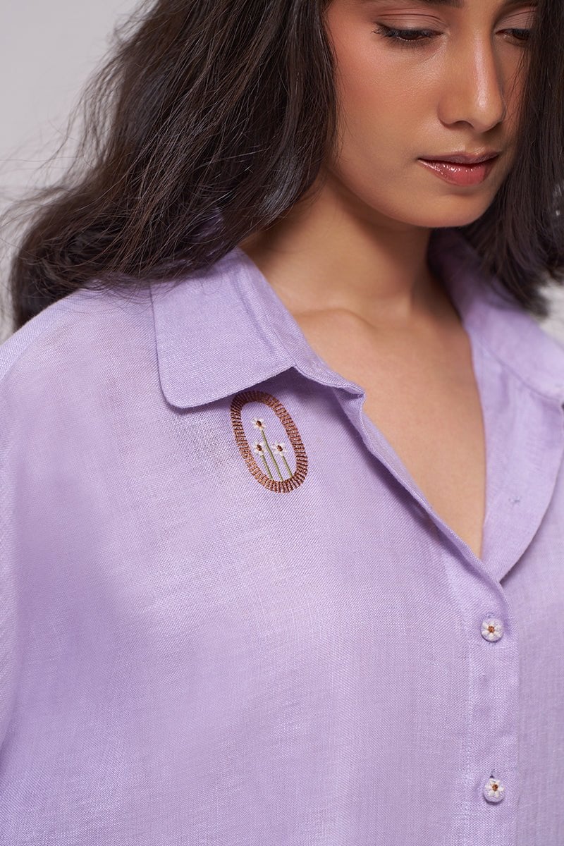 Pastel Lilac Pure Linen Relaxed-Fit Shirt with Appliqué Back