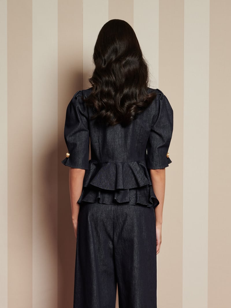 Dark Navy Denim Peplum Top with Gold Buttons