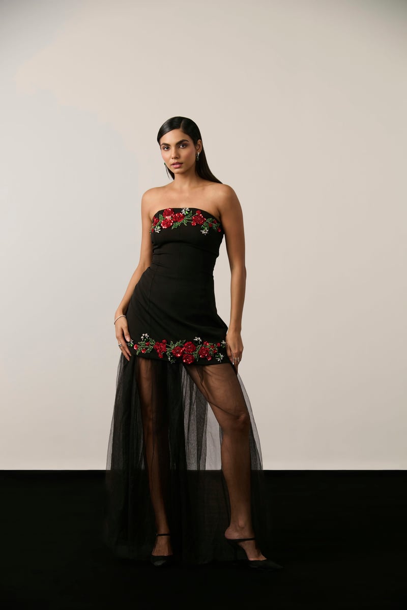 Black Strapless Embellished Mini Dress and Sheer Overskirt Set — Label IRIS