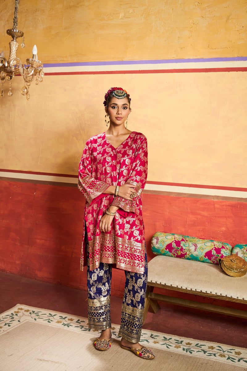 Fuchsia Tunic and Purple Brocade Pant Co-ord Set